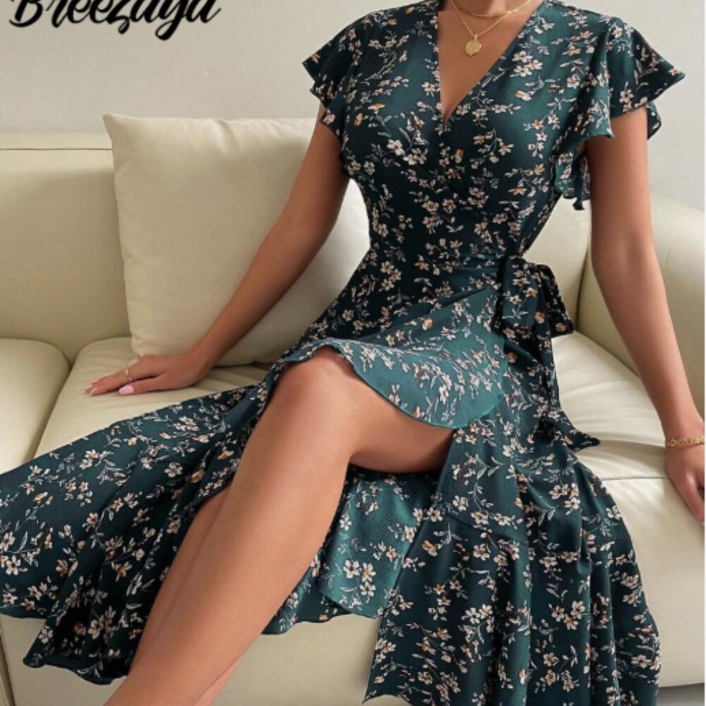 Breezaya Women's Floral Printed Ruffle Sleeve Dress Maxi Women Outfit